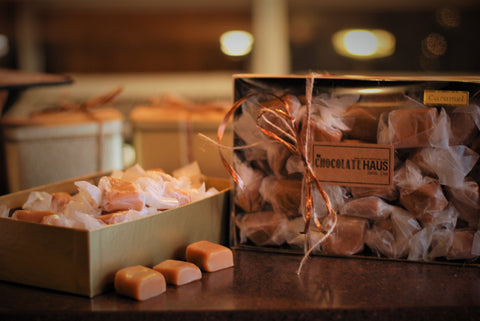 made from scratch in copper kettle, old fashion soft caramels from Amana Colonies, Iowa